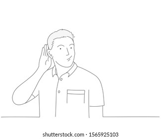 Say more loudly. Man smiling and having his hand hear his ear and showing that he cant hear. Deaf guy.  Line drawing vector illustration.