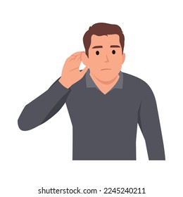 Say more loudly. Man smiling and having his hand hear his ear and showing that he cant hear. Deaf guy. Flat vector illustration isolated on white background