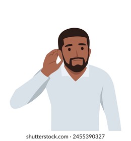 Say more loudly. Man smiling and having his hand hear his ear and showing that he cant hear. Flat vector illustration isolated on white background