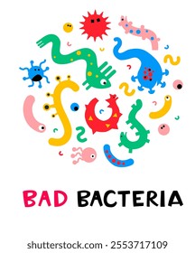 Say No to Bad Bacteria. A playful and bold image showing gut health defense against harmful bad bacteria . Digestive health, probiotics, and immune support. Hand drawn lettering, flat style design vec