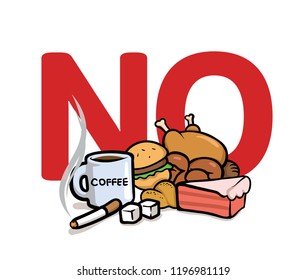 Say No to bad habits. Caffeine, sugar and junk food abuse. Colorful flat vector illustration. Isolated on white background.