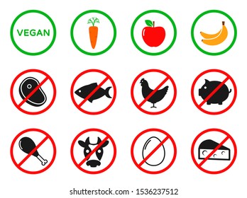 Say No To Beaf Meat Steak, Fish, Pork, Poultry Meat, Egg, Animal Origin Food. Red Prohibition Signs Flat Vector Icons. Raw, Vegan, Vegetarian Eco Bio Healthy Food. Refusing To Eat Animals