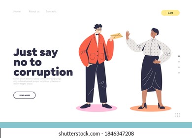 Say no to corruption landing page with female judge or teacher refusing to take bribe in envelope from business man or student. Stop bribery. Flat vector illustration