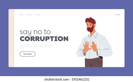 Say No to Corruption, Negative Feelings Expression Landing Page Template. Male Character in Formal Wear Showing Refusal or Stop Gesture with Open Palms front of Chest. Cartoon Vector Illustration