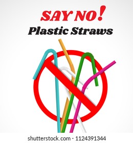 Say no disposable plastic drinking straws in favor of reusable metallic drinking straw. Say no to plastic straws. Red text, calligraphy.