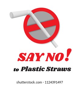 Say no disposable plastic drinking straws in favor of reusable metallic drinking straw. Say no to plastic straws. Red text, calligraphy.