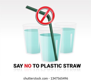Say no disposable plastic drinking straws in favor of reusable metallic drinking straw. Say no to plastic straws. Red text, calligraphy.