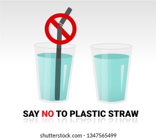 Say no disposable plastic drinking straws in favor of reusable metallic drinking straw. Say no to plastic straws. Red text, calligraphy.