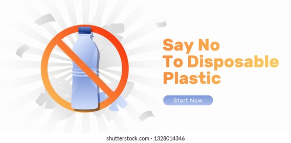 Say no to disposable plastic web banner template. Modern vector styled image with plastic bottle in red stop circle with headline and button.