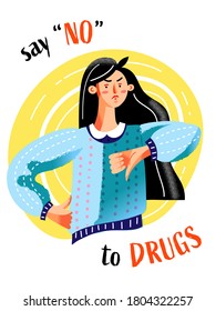 Say no to drugs concept. Angry young woman showing stop to narcotic, negative hand gesture. Vector character illustration of rejection of bad addiction or habits, healthy lifestyle, medical design