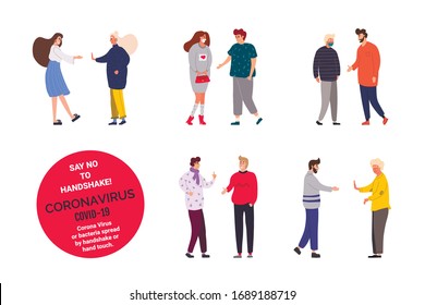 Say No to Handshake! Young people do not handshake with each other. Precautions and prevention of coronavirus disease. Flat cartoon colorful vector illustration.