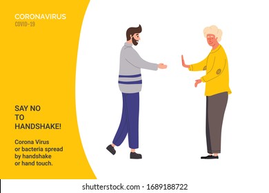 Say No to Handshake! Young people do not handshake with each other. Precautions and prevention of coronavirus disease. Flat cartoon colorful vector illustration.