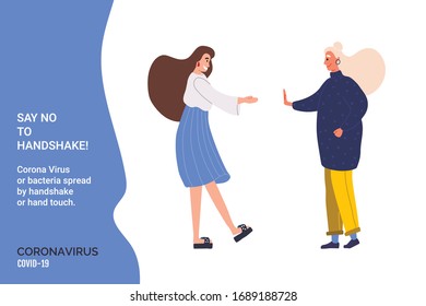 Say No to Handshake! Young people do not handshake with each other. Precautions and prevention of coronavirus disease. Flat cartoon colorful vector illustration.