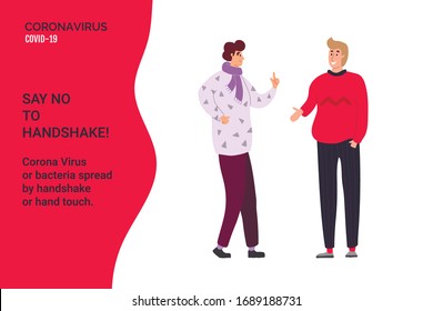 Say No to Handshake! Young people do not handshake with each other. Precautions and prevention of coronavirus disease. Flat cartoon colorful vector illustration.