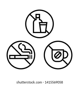 Say no for healthy icons set. Give up drinking, smoking and coffee. Stop Simple design. Line vector. Isolate on white background.