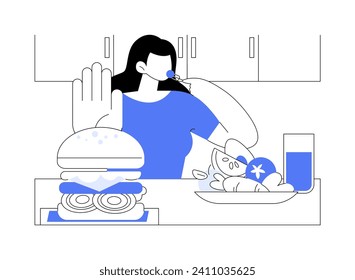 Say no to junk food isolated cartoon vector illustrations. Young girl rejecting junk food, healthy and organic nutrition addiction, say no to hamburger, making right choice vector cartoon.