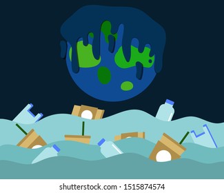 Say no more plastic concept: Zero waste. Dirty and melt Planet Earth from  Global Warming effect and many plastic cups, bottles, bags under the sea.
