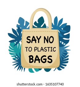 Say no to plastic bag. Black text, calligraphy, on bag with blue leaves. World environment concept vector illustration on white background.