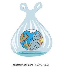 Say no to plastic bag concept sad earth was wrap by big plastic bag with white background