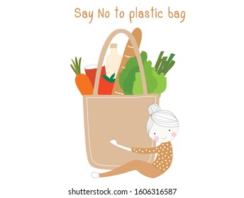 Say no to plastic bag lettering cute girl holding shopping clothing bag isolated vector illustration. No plastic concept 