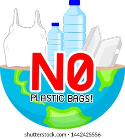 Say no to plastic bag on globe. Global warming concept. Icon design. Illustration isolated on white background.