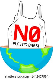 Say no to plastic bag on globe. Global warming concept. Icon design. Illustration isolated on white background.