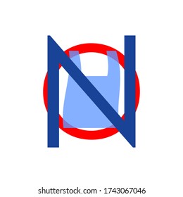 Say no to plastic bag. Problem plastic pollution. Ecological poster. Banner composed of red blue text No sign stop and plastic bag on white background. Flat design.