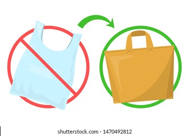 Say no to plastic bag, use paper bags. Care for ecology and environment. Idea of ecological package. Red stop sign. Isolated vector illustration in cartoon style