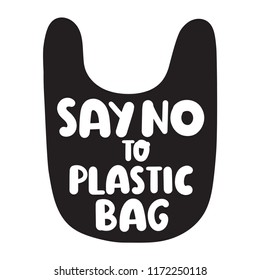 Say no to plastic bag. Vector hand drawn icon, badge illustration on white background.