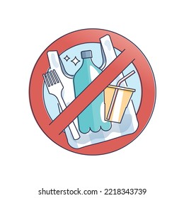 Say no to plastic bags, bottles and cutlery to stop waste outline concept. Prohibition sign with disposable fork, packaging and cups vector illustration. Pollution problem with polystyrene usage.