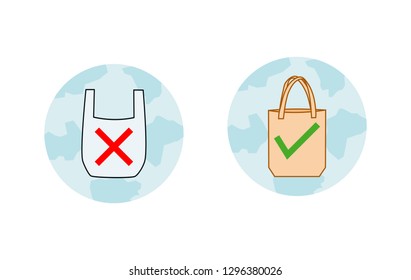 Say no to plastic bags bring your own textile bag sign. Pollution problem concept. symbol isolated on white background vector illustration.
