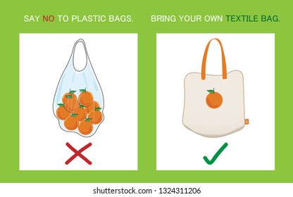 Say no to plastic bags, bring your textile bag. Vector illustration.