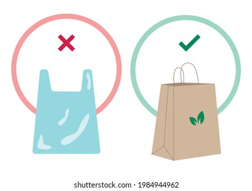 Di no a las bolsas de plástico y elige la bolsa de papel. Concepto de problema de contaminación. Concepto del Día Mundial del Medio Ambiente. Eco Tierra Verde. Ilustración vectorial.