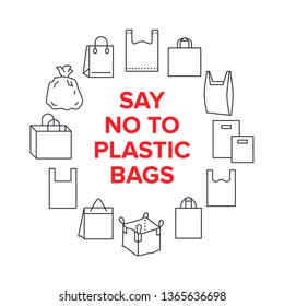 Say no to plastic bags circle template with flat line icons. Polyethylene pollution awareness vector illustration for poster. Thin signs of plastics shopping bag.