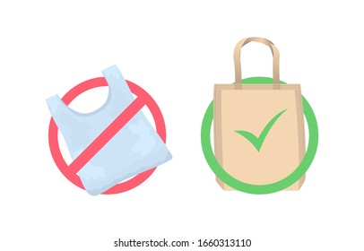 Say no to plastic bags. Cloth eco bag in a green frame and plastic bag in a red frame isolated on white.