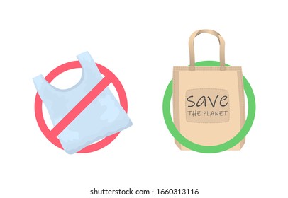 Say no to plastic bags. Cloth eco bag in a green frame and plastic bag in a red frame isolated on white. Save the planet.