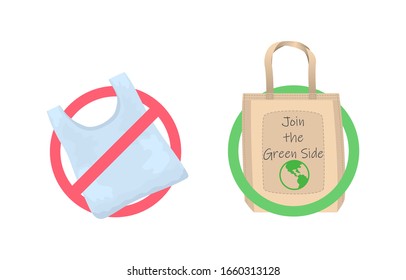 Say no to plastic bags. Cloth eco bag in a green frame and plastic bag in a red frame isolated on white. Join the green side.