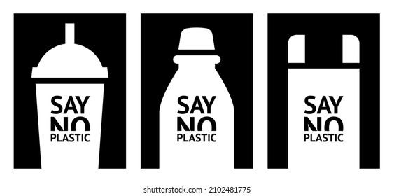 Say no to plastic: bags, cups and bottles, trendy ecological posters set for print