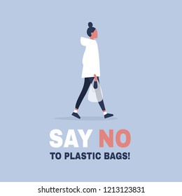 Say no to plastic bags. Ecology conversation. Eco friendly behaviour. Flat editable vector illustration, clip art