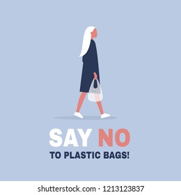 Say no to plastic bags. Ecology conversation. Eco friendly behaviour. Flat editable vector illustration, clip art