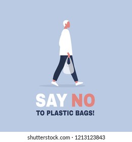 Say no to plastic bags. Ecology conversation. Eco friendly behaviour. Flat editable vector illustration, clip art