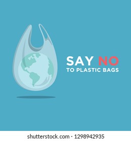 Say no to plastic bags. Ecology conversation. Flat editable vector illustration. Go green concept.Go to zero waste banner. Planet Earth in the White polythene bag on background