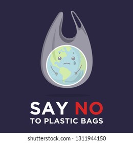 Say no to plastic bags. Ecology conversation. Flat editable vector illustration. Go green concept.Go to zero waste. Planet Earth with sad kawaii face in the White polythene bag on background