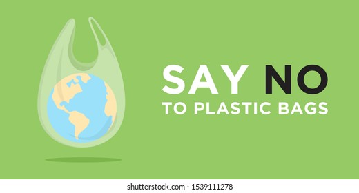 Say no to plastic bags. Ecology conversation. Zero waste. White polythene bag with planet inside. Create less waste. Pollution problem. Campaign to reduce plastic usage. Flat vector banner