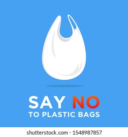 Say no to plastic bags. Ecology conversation. Go green. Zero waste. White polythene bag on background. Create less waste. Pollution problem. Campaign to reduce plastic bags usage. Flat vector banner