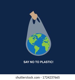 
Say no to plastic bags. Hand carries the earth with a plastic bag. Flat vector illustration. Eco-friendly concept. Go to zero waste.