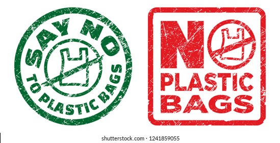 Say no to plastic bags and No plastic bags icons. In dark green & red color. Grunge texture. Vector Illustration.