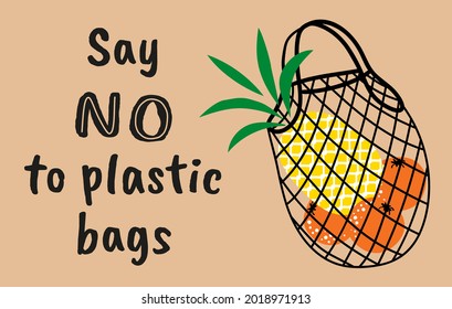 Say no to plastic bags. Modern textile reusable shopping bag with fruits. Vector illustration with hand-drawn objects. Eco friendly, zero waste, doodle style.