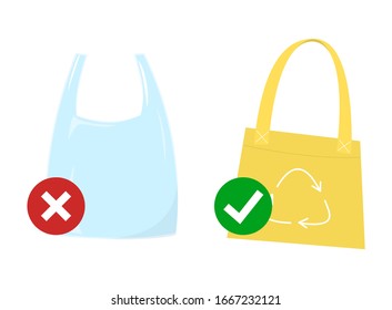 Say no to plastic bags and replace them with reusable textile bag vector isolated. Zero waste lifestyle. Natural material instead of plastic.