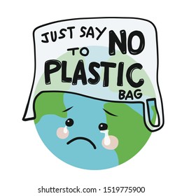 Say no to plastic bags sad earth cartoon vector illustration